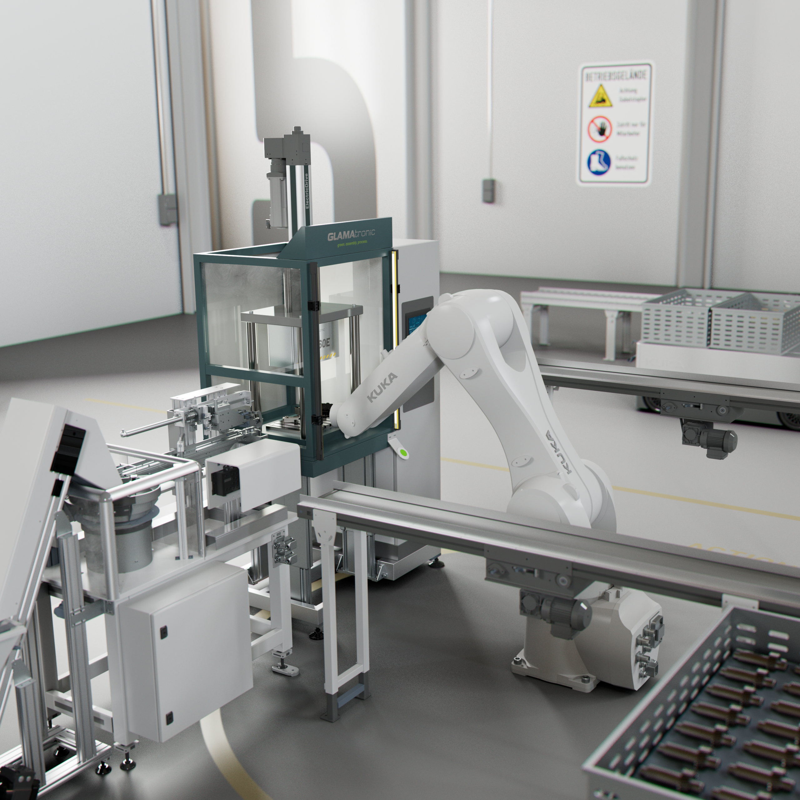 Automatische Operation der elektrischen Montagestation GMS-60E im Montagesystem von GLAMAtronic