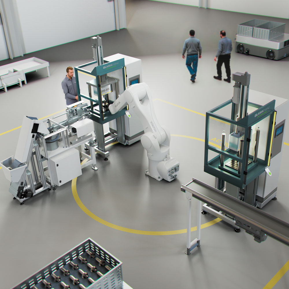 Elektrische Montagestation GMS-60E von GLAMAtronic in verketteter Montagelinie mit Roboter und Fördertechnik